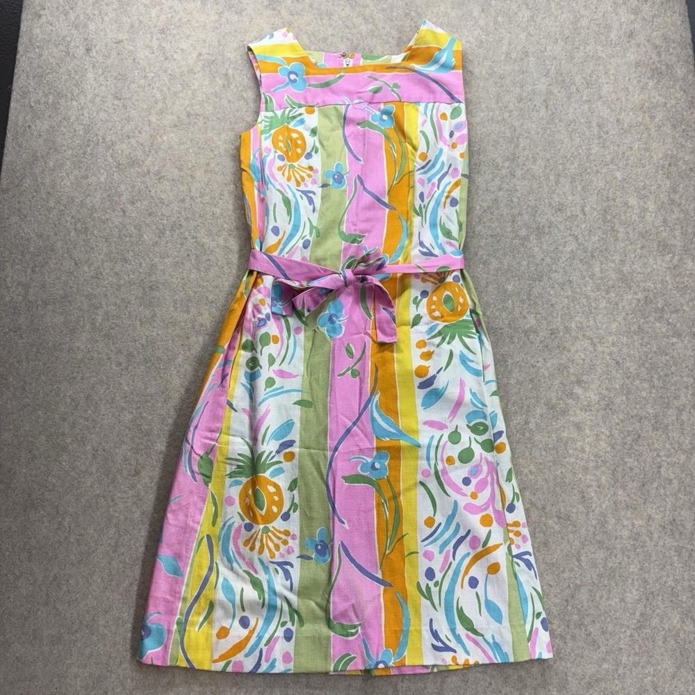 Vintage 1960s Tanner North Carolina Floral Barkcloth A-Line Dress Size 12 Pocket